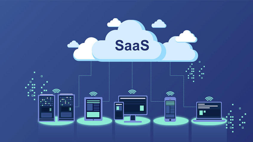 SaaS cloud connecting to multiple devices including servers, tablet, desktop, phone and laptop